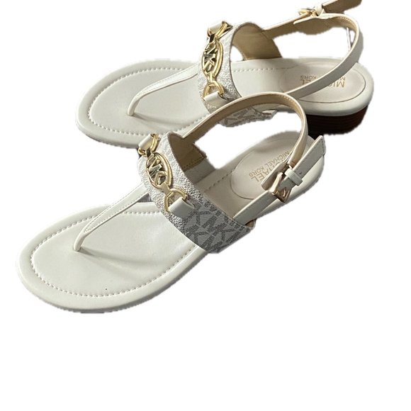Michael Kors White T-Strap Thong Sandals.1.25" Heel Gold Logo Sz 6 - Picture 2 of 8